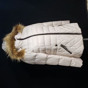 Larry Levine White Down Faux Fur Hooded Coat L